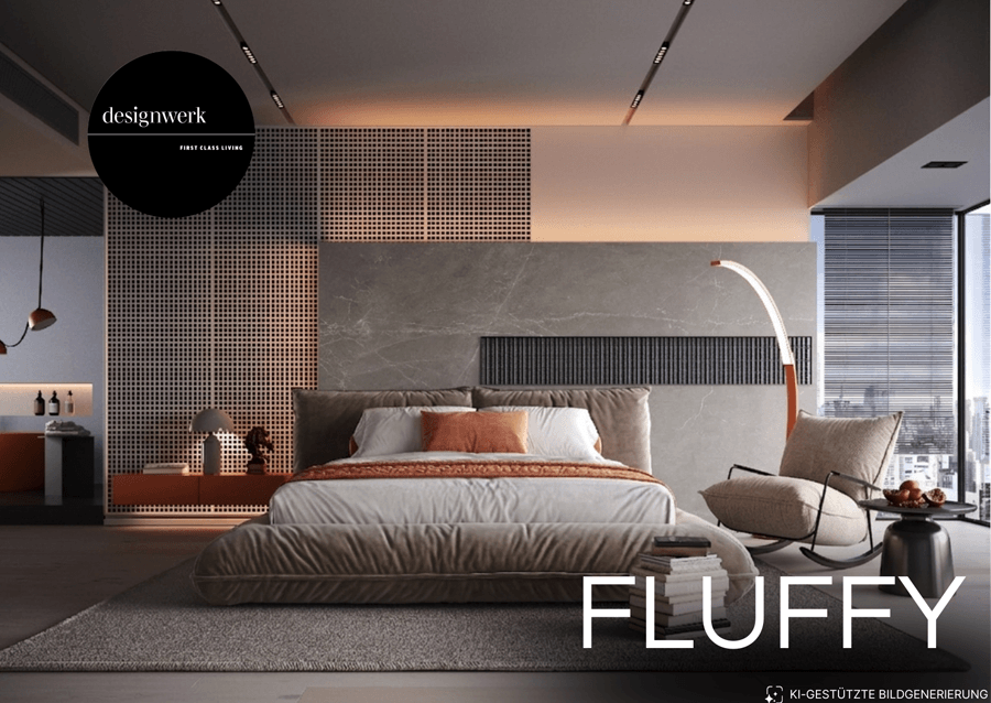 Bett und Sessel mit Kissen als Kopfteil. Aufschrift "Fluffy"